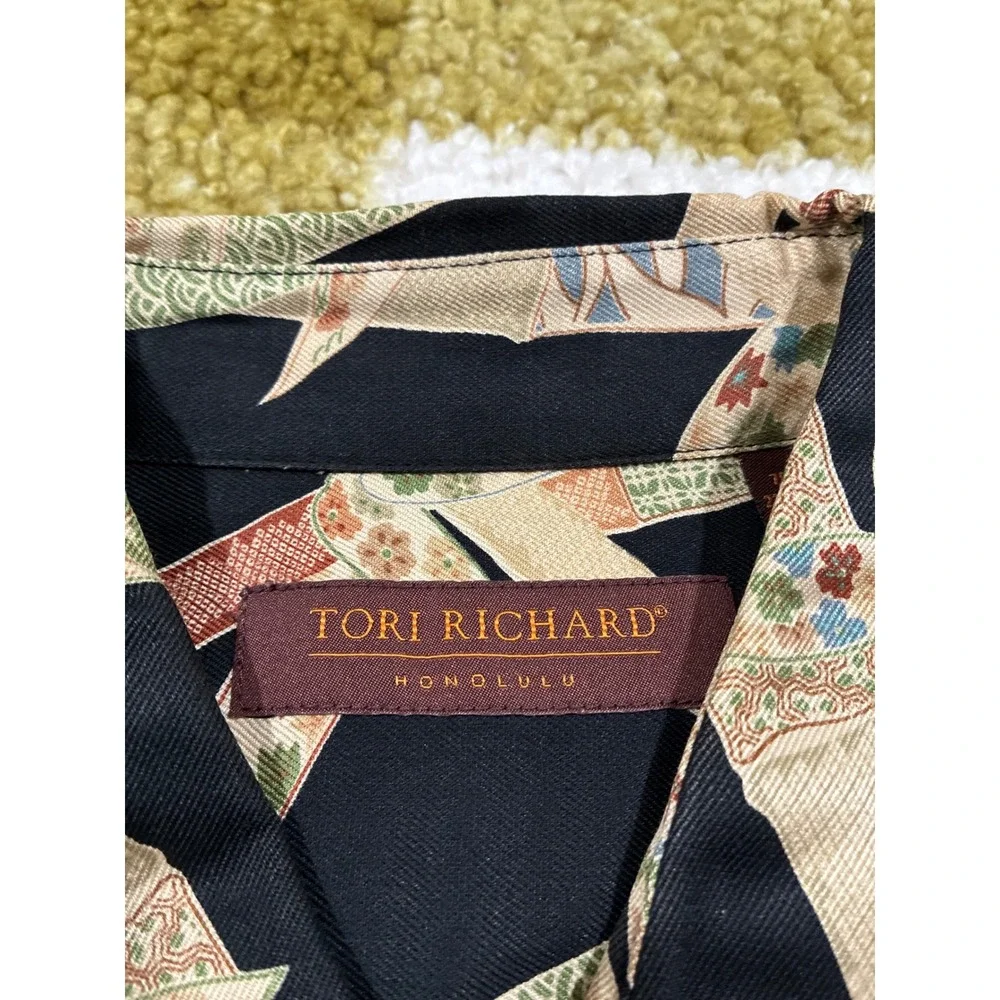 Tori Richard Honolulu Mens Silk Lyocell Bamboo Print Aloha Shirt Black Medium